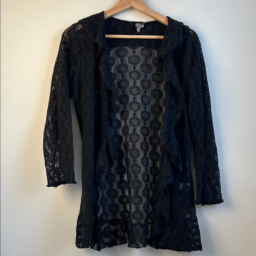 Susan Lawrence Black Lace Cardigan with Ruffle Trim